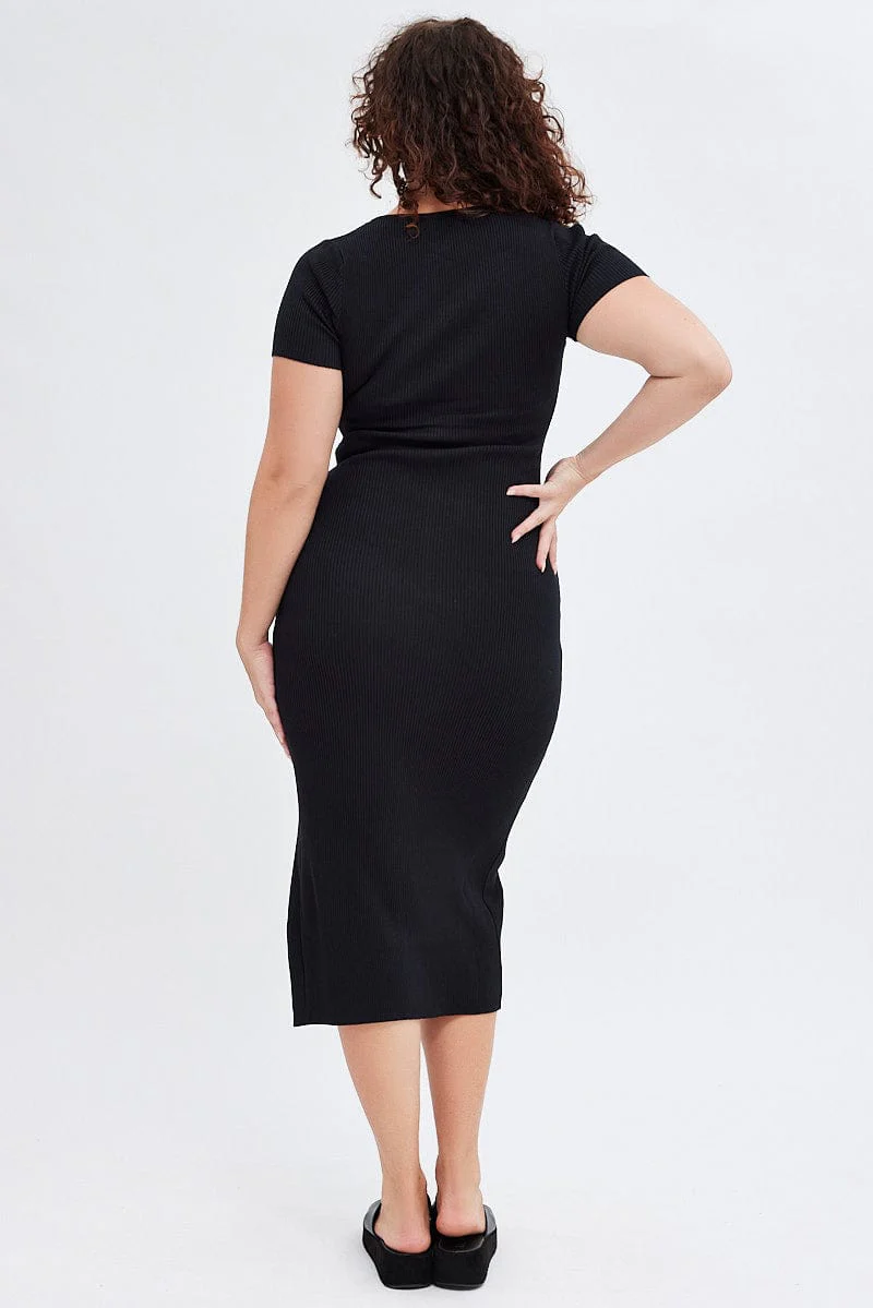 Black Knit Dress Short Sleeve Midi - Image 5