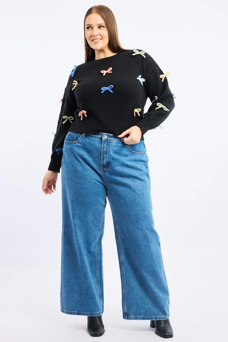 Black Knit Jumper Long Sleeve Bow Tie Detail - Image 2
