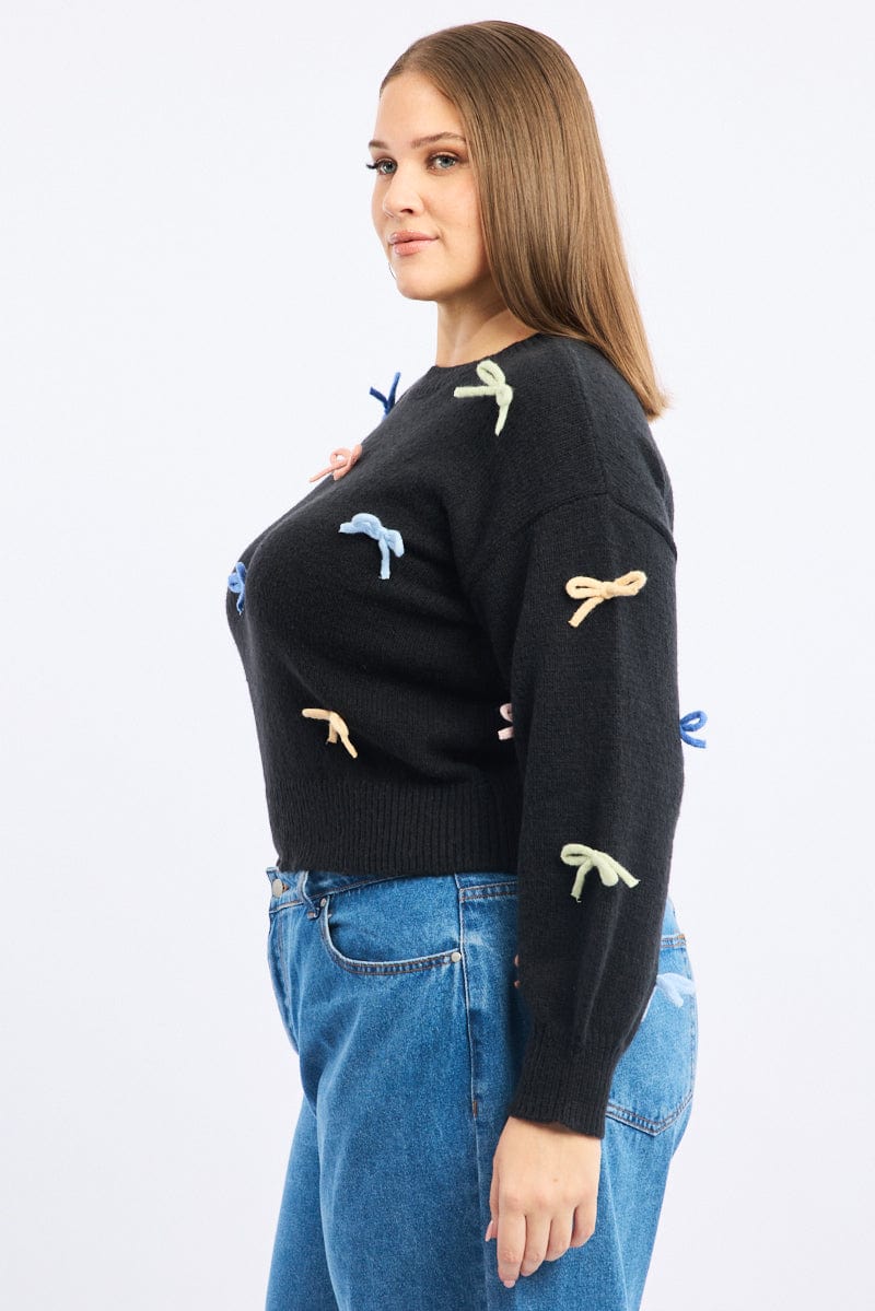 Black Knit Jumper Long Sleeve Bow Tie Detail - Image 3