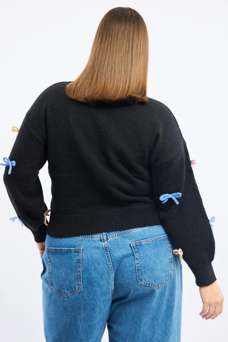 Black Knit Jumper Long Sleeve Bow Tie Detail - Image 4
