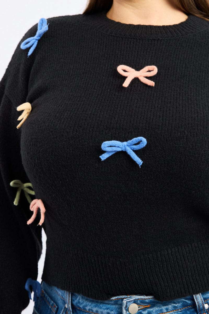 Black Knit Jumper Long Sleeve Bow Tie Detail - Image 5