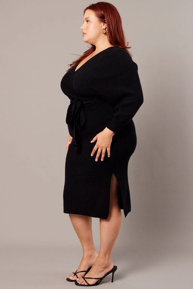 Black Knit Knee Length Dress - Image 4