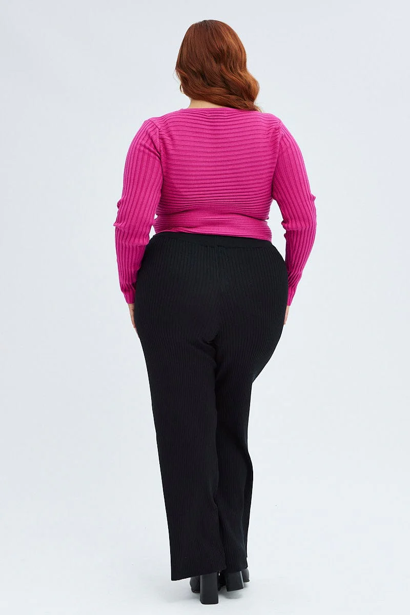 Black Knit Pants Rib Wide Leg Elastic Waist Full Length - Image 5