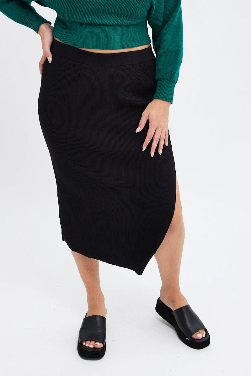 Black Knit Skirt Midi Side Split - Image 2