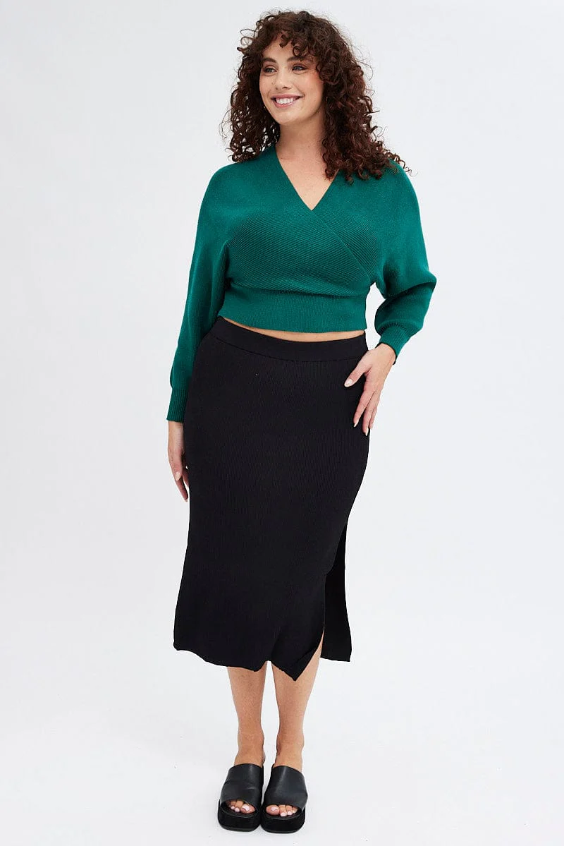 Black Knit Skirt Midi Side Split - Image 3