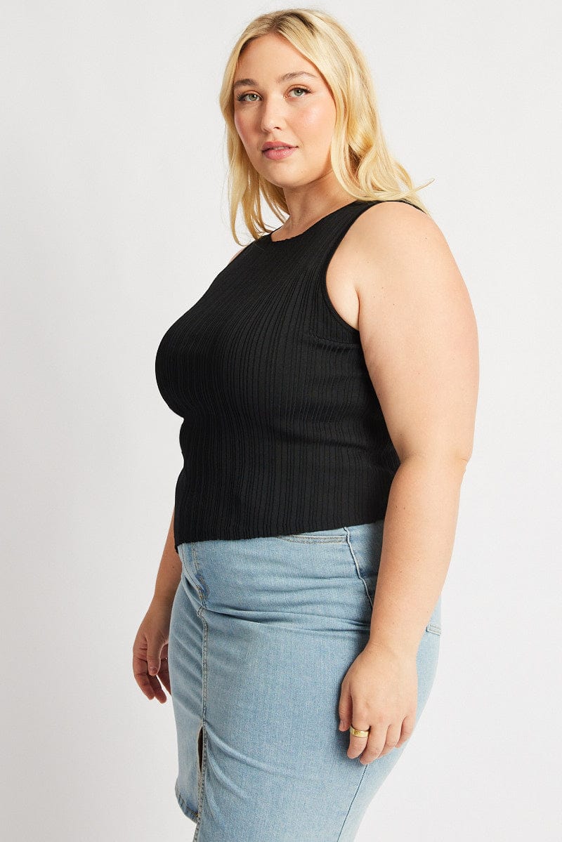 Black Knit Top Asymmetric Hem Crew Neck - Image 4
