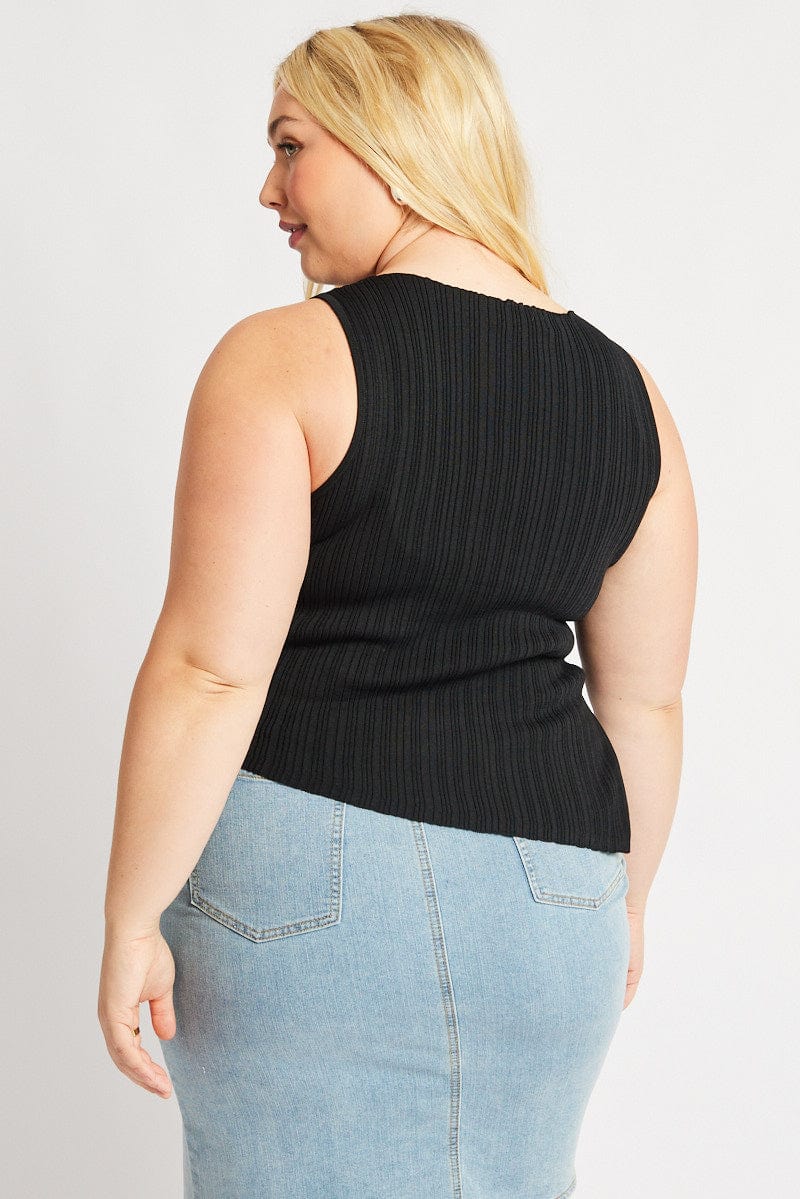 Black Knit Top Asymmetric Hem Crew Neck - Image 5