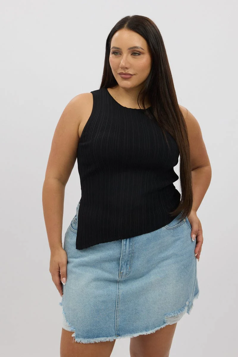 Black Knit Top Asymmetric Hem Crew Neck - Image 3