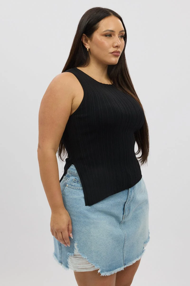 Black Knit Top Asymmetric Hem Crew Neck - Image 4