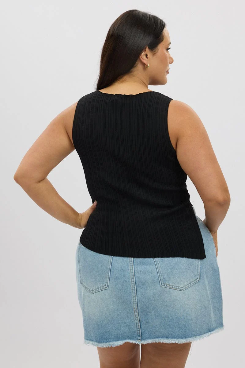 Black Knit Top Asymmetric Hem Crew Neck - Image 5