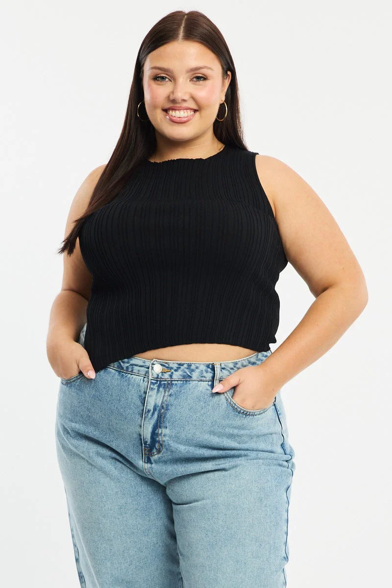Black Knit Top Asymmetric Hem Crew Neck