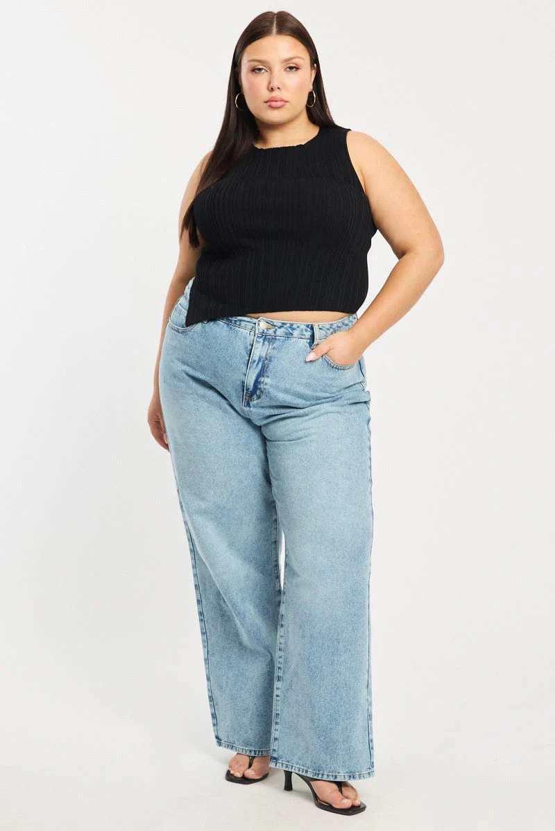 Black Knit Top Asymmetric Hem Crew Neck - Image 2