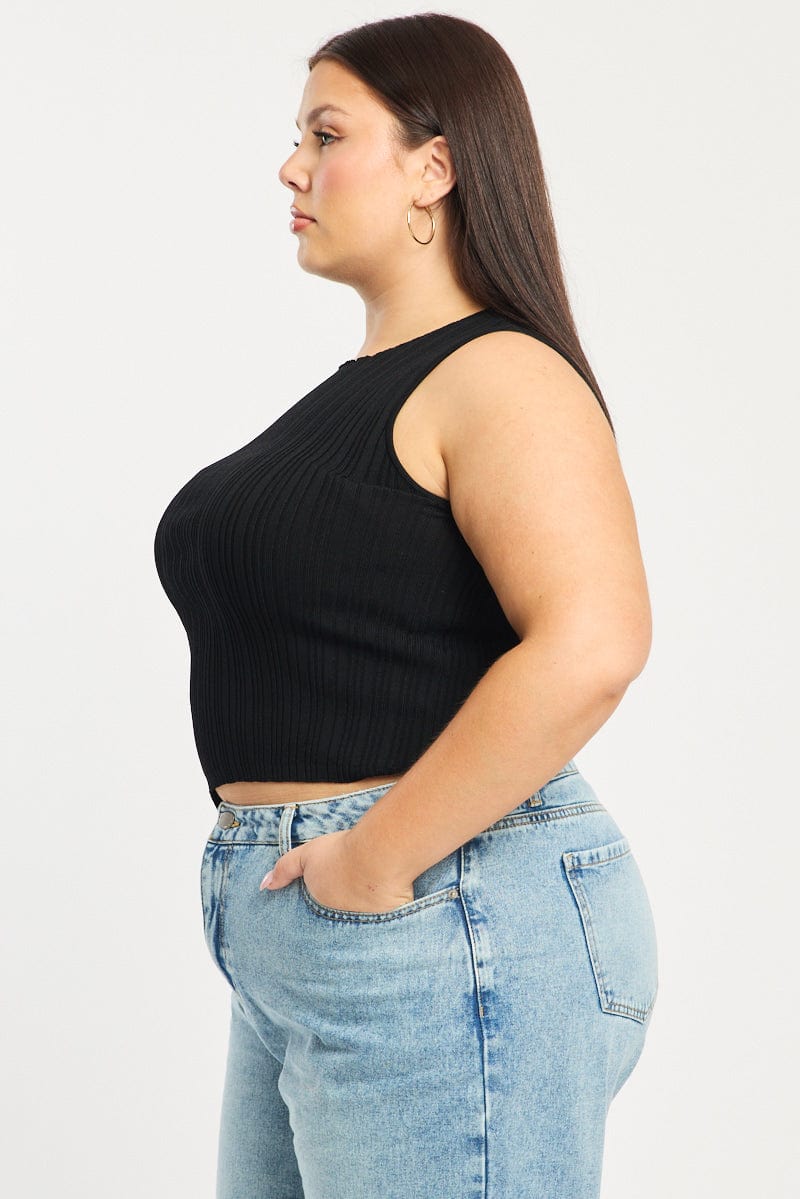 Black Knit Top Asymmetric Hem Crew Neck - Image 3