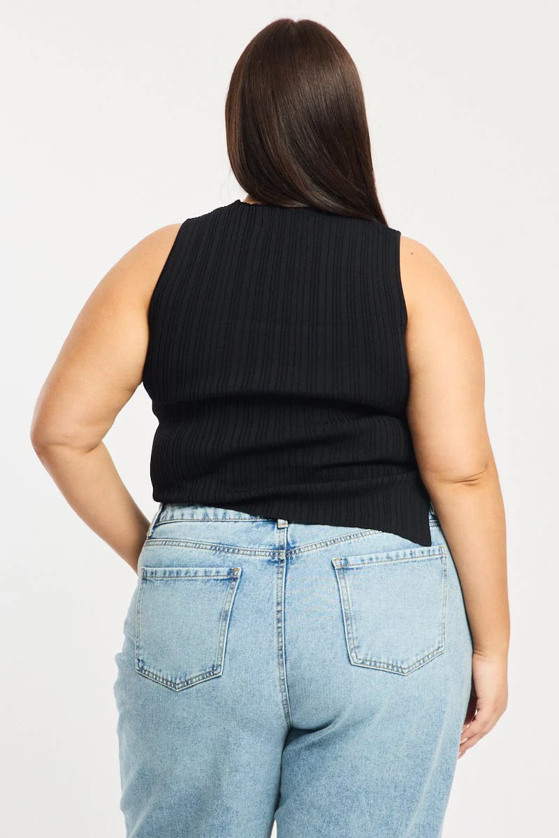 Black Knit Top Asymmetric Hem Crew Neck - Image 4