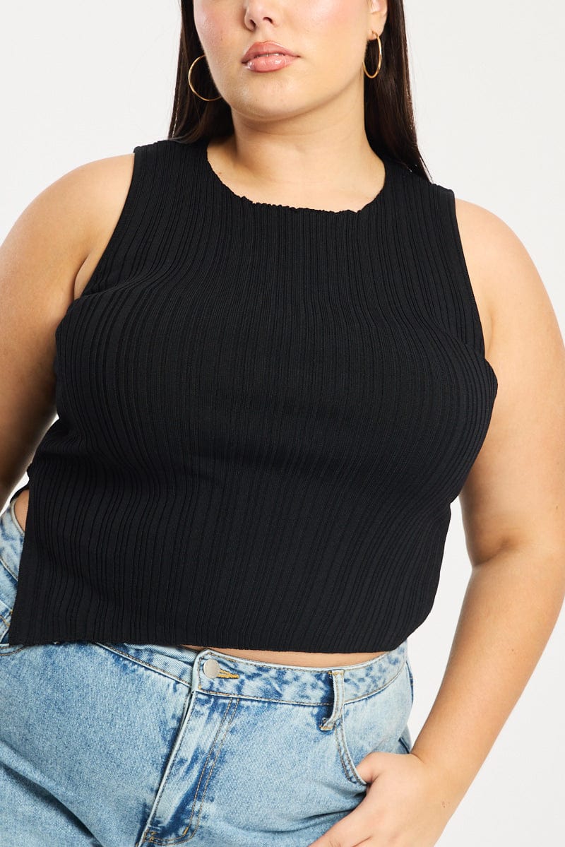 Black Knit Top Asymmetric Hem Crew Neck - Image 5