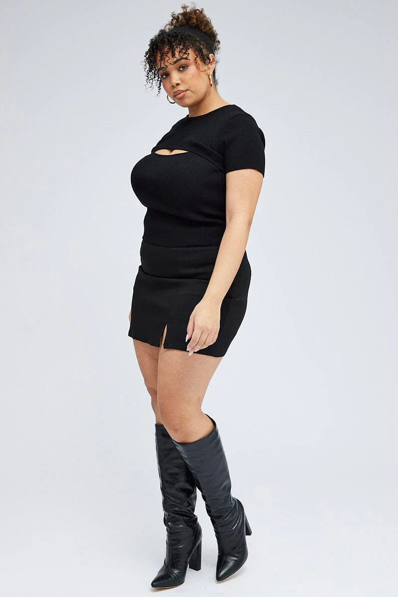 Black Knit Top Bust Cut Out Short Sleeve - Image 2