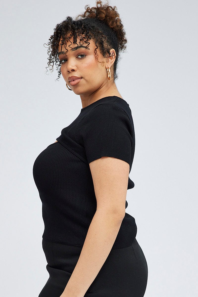 Black Knit Top Bust Cut Out Short Sleeve - Image 4
