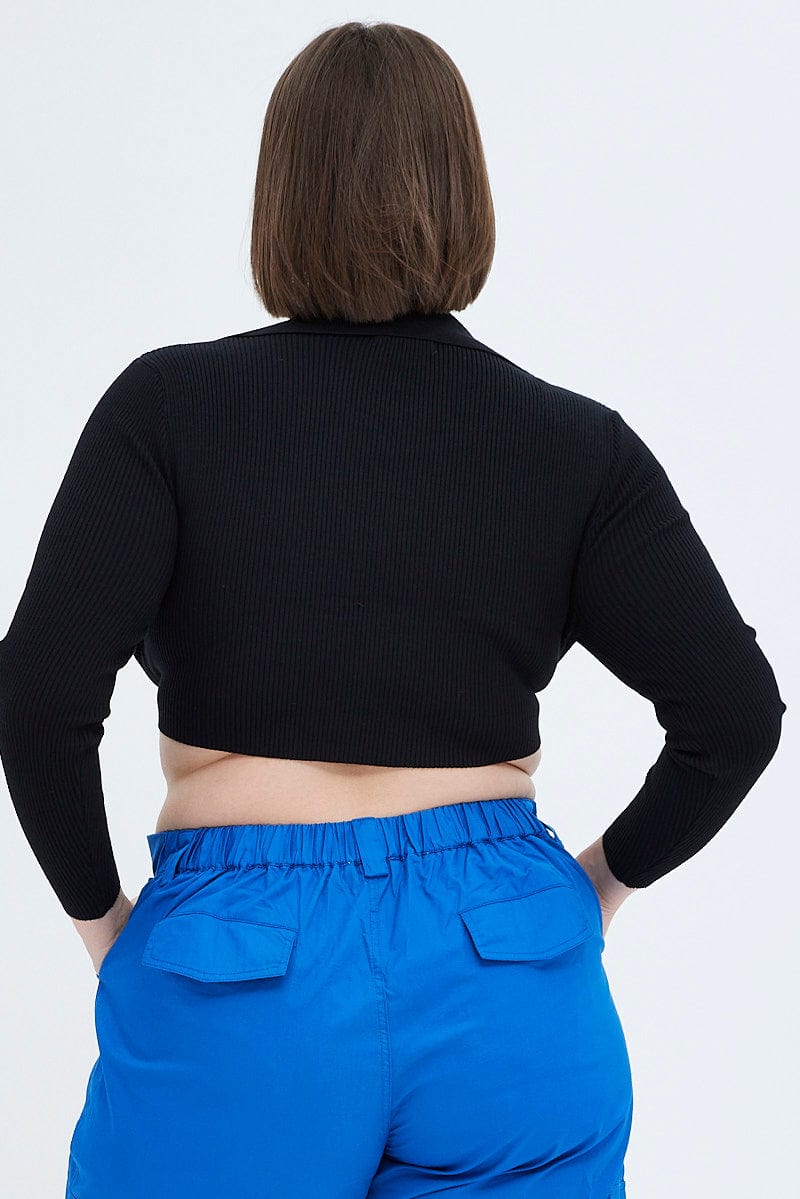 Black Knit Top Front Tie Collared Crop - Image 5