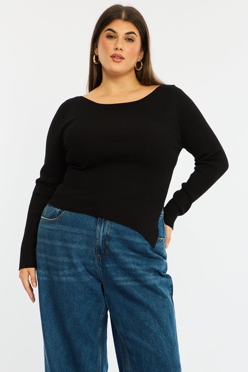Black Knit Top Long Sleeve Asymmetrical Hem