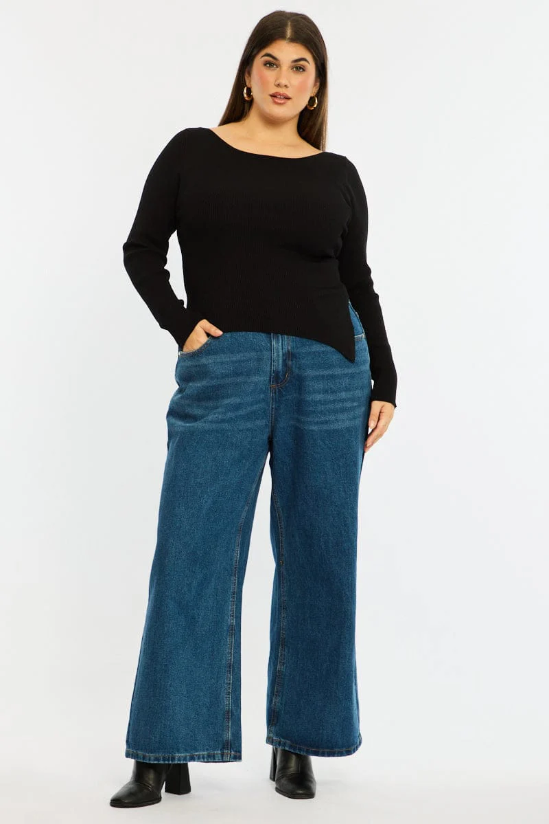 Black Knit Top Long Sleeve Asymmetrical Hem - Image 2