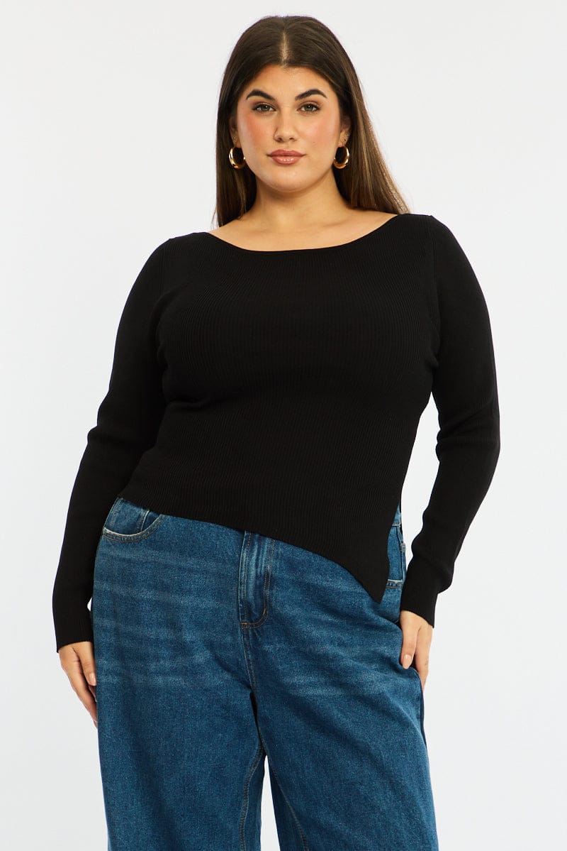 Black Knit Top Long Sleeve Asymmetrical Hem - Image 3