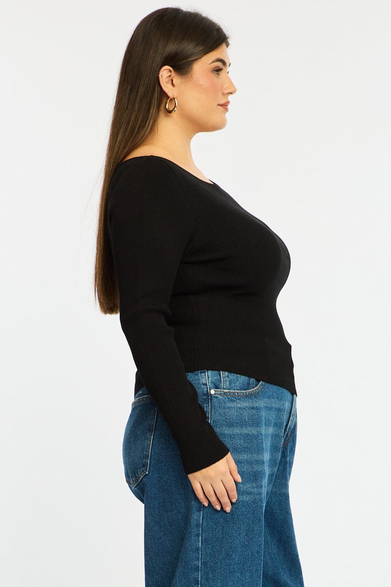 Black Knit Top Long Sleeve Asymmetrical Hem - Image 4