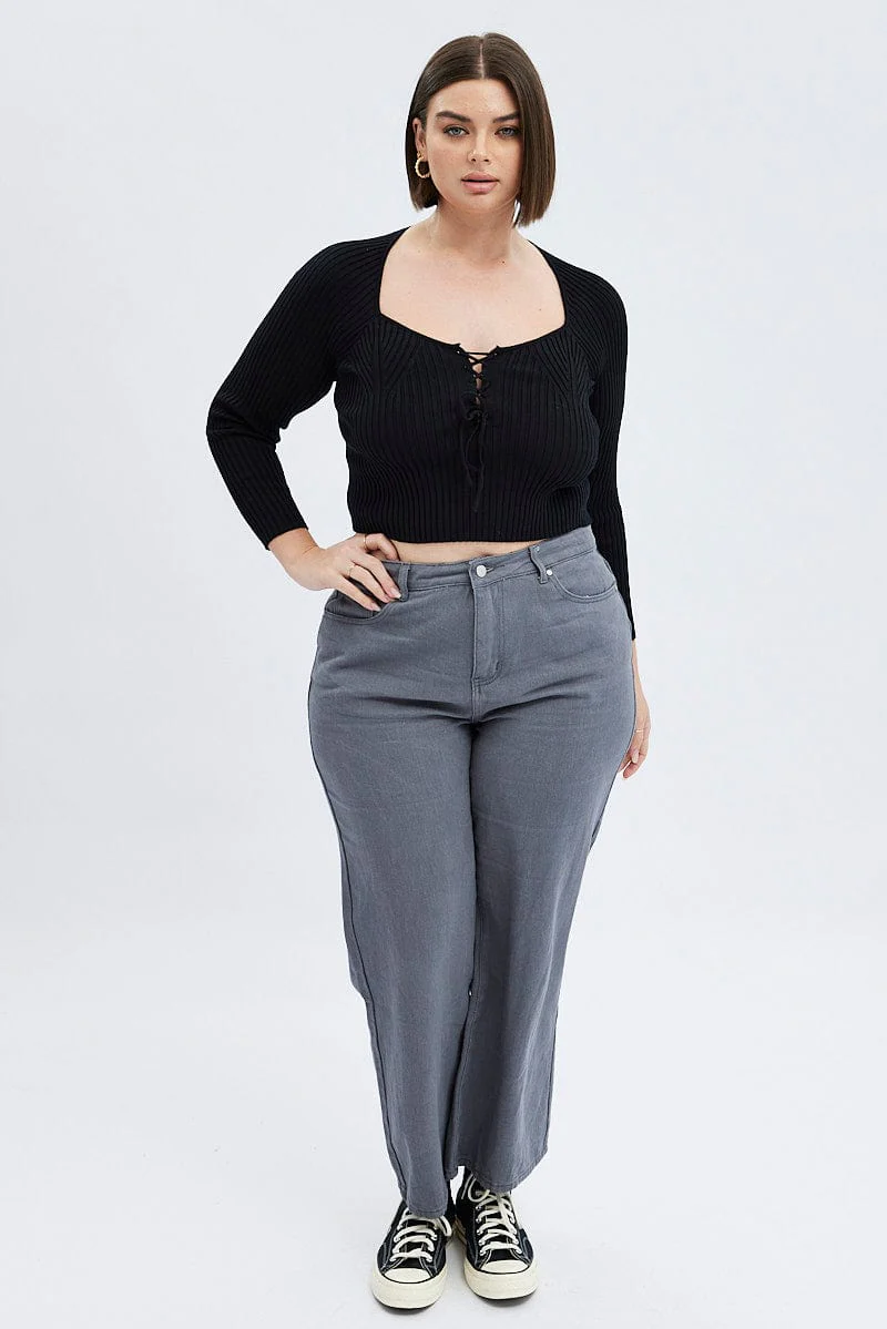 Black Knit Top Long Sleeve Lace Up Detail Ribbed - Image 2