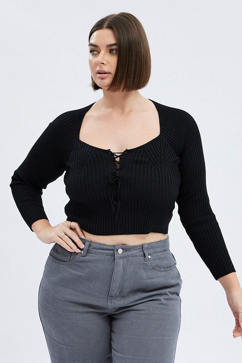 Black Knit Top Long Sleeve Lace Up Detail Ribbed - Image 3