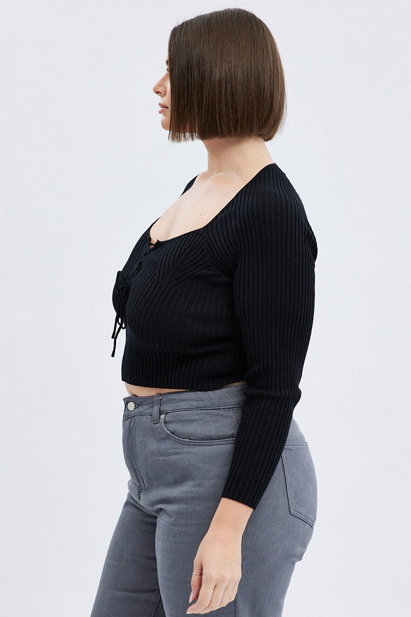 Black Knit Top Long Sleeve Lace Up Detail Ribbed - Image 4