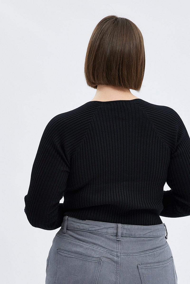 Black Knit Top Long Sleeve Lace Up Detail Ribbed - Image 5