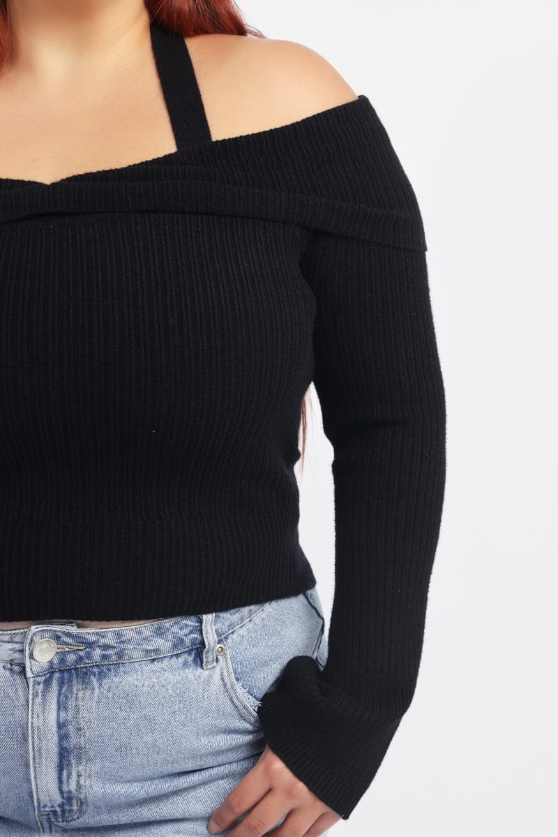 Black Knit Top Long Sleeve Off Shoulder Halter - Image 5