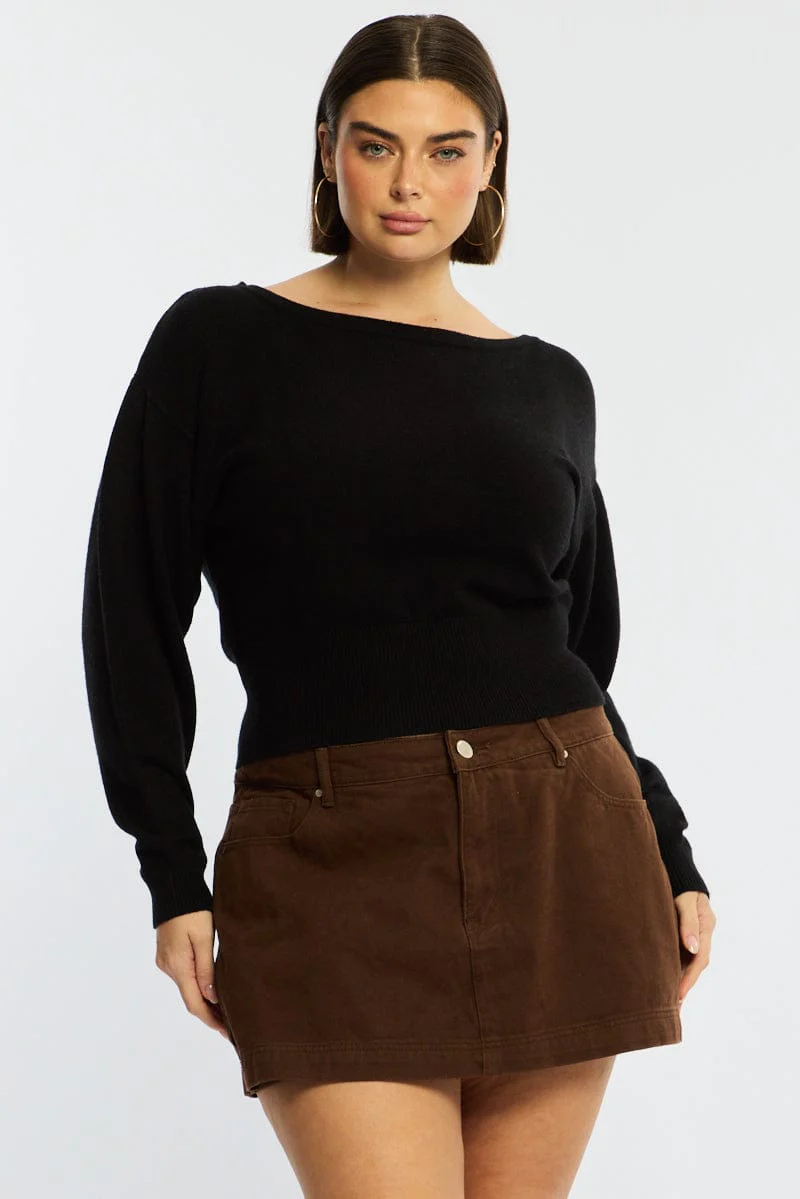Black Knit Top Off Shoulder Long Sleeve - Image 3