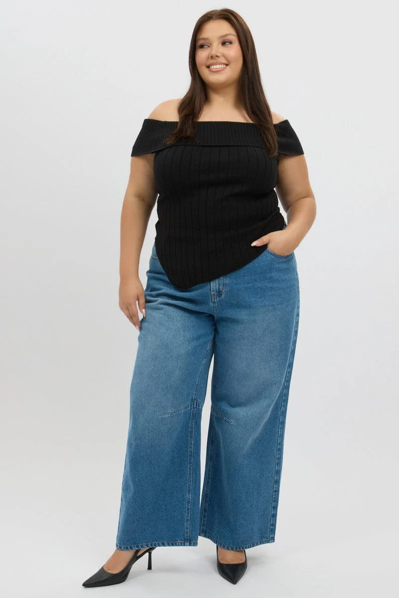 Black Knit Top Off Shoulder Short Sleeve - Image 3