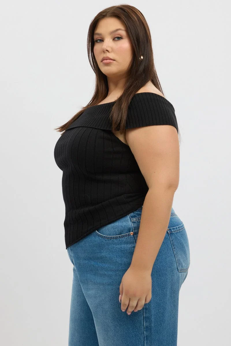 Black Knit Top Off Shoulder Short Sleeve - Image 4