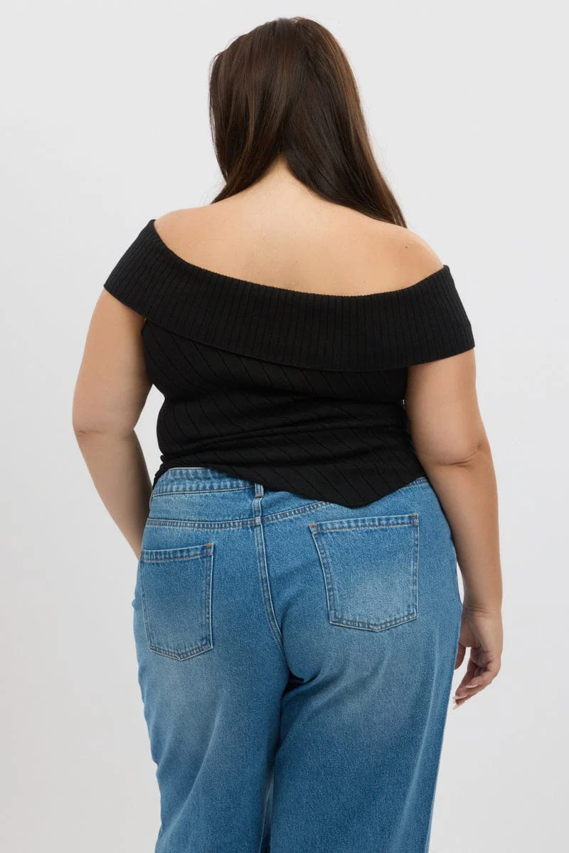 Black Knit Top Off Shoulder Short Sleeve - Image 5