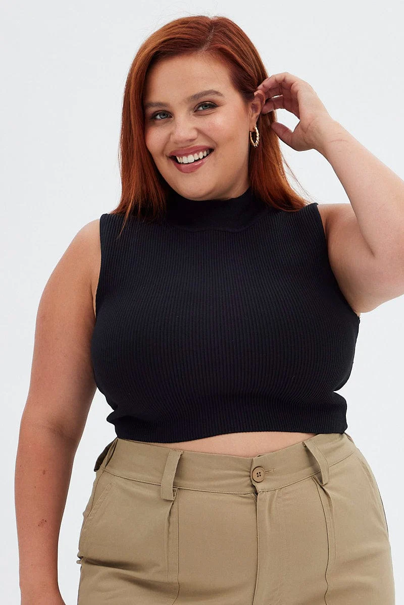 Black Knit Top Ribbed High Neck - Image 2