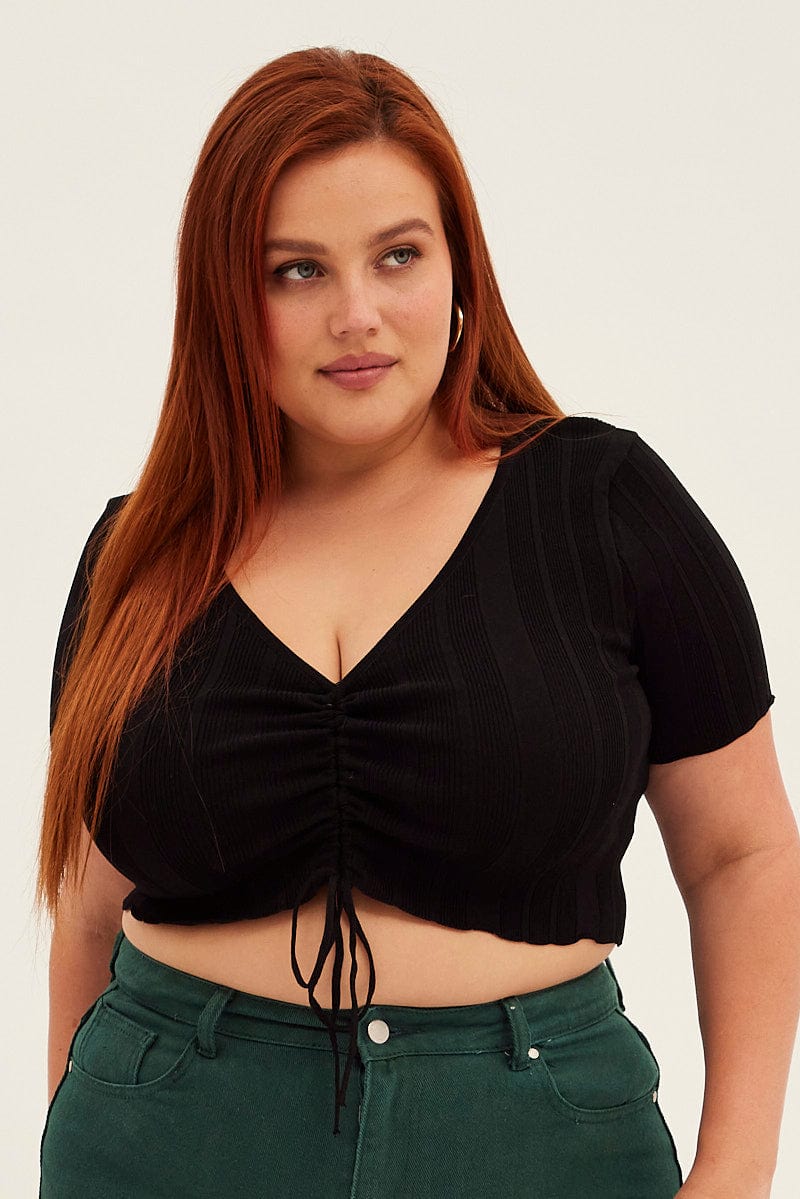 Black Knit Top Ruched Front Short Sleeve Crop - Image 3