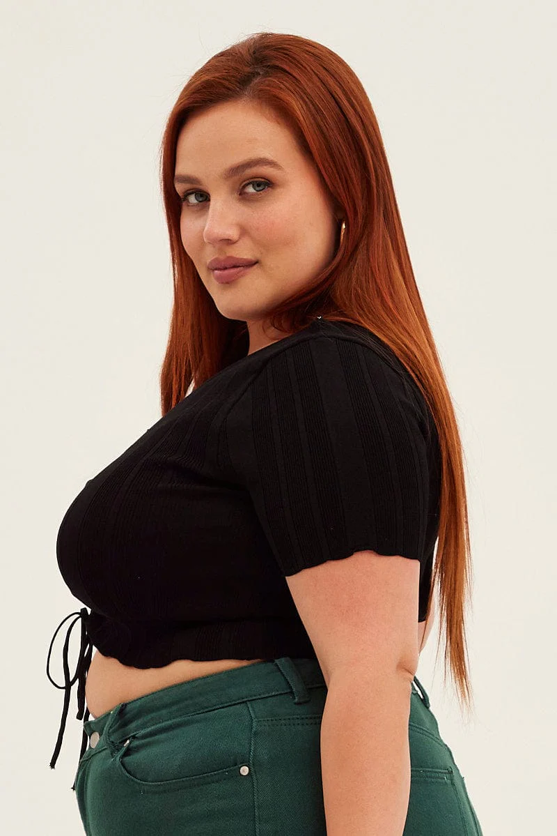 Black Knit Top Ruched Front Short Sleeve Crop - Image 4