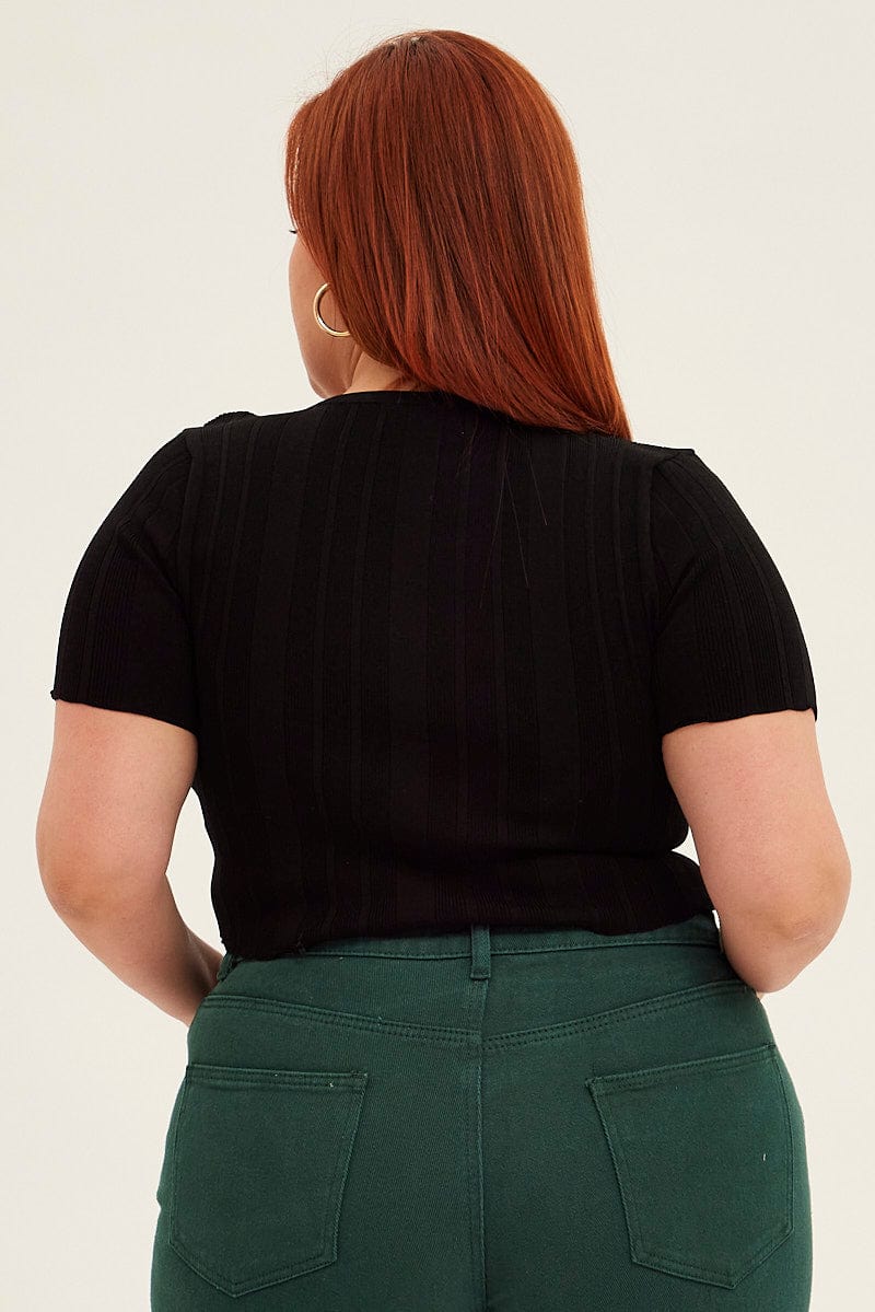 Black Knit Top Ruched Front Short Sleeve Crop - Image 5