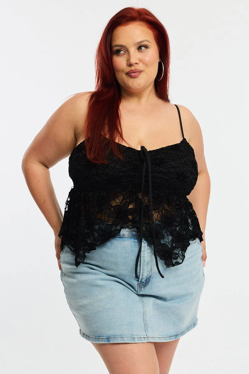 Black Lace Cami Top Sleeveless Asymmetric Hem
