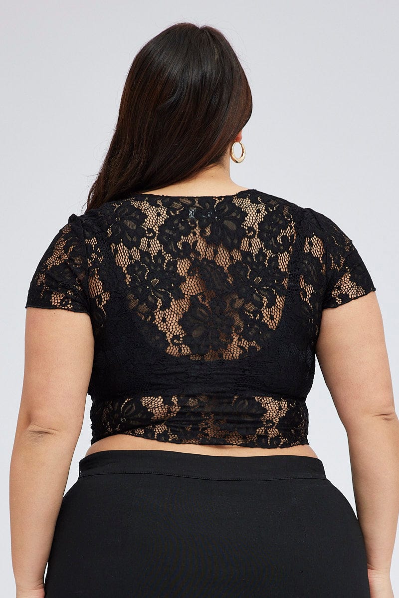 Black Lace Crop Top Short Sleeve Round Neck - Image 5