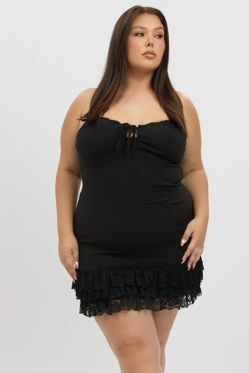Black Lace Hem Frill Shoestring Strap Fitted Minidress - Image 2