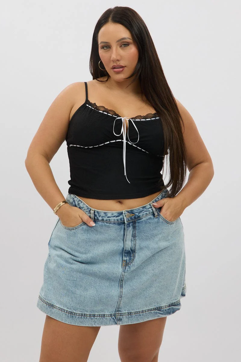 Black Lace Singlet Top Lace Ribbon Trim - Image 3