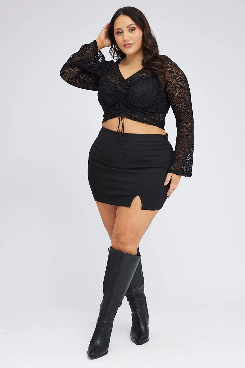 Black Lace Top Long Sleeve Ruched Tie - Image 2