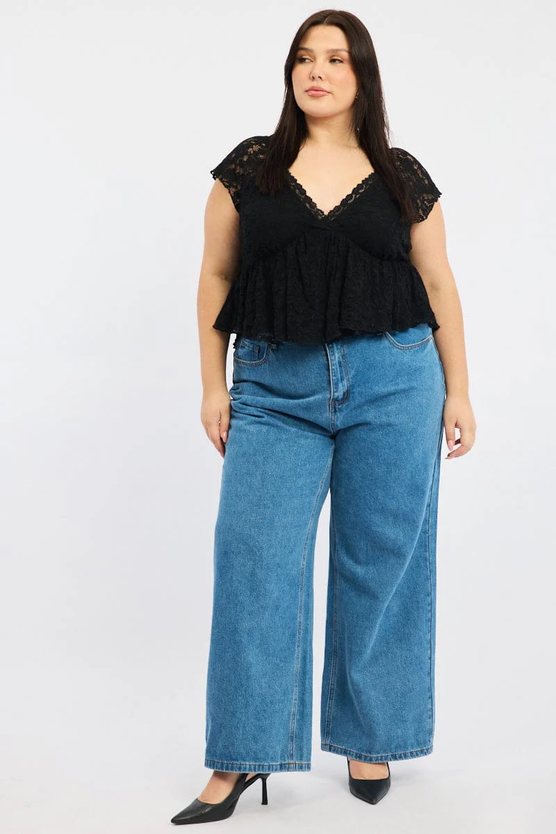 Black Lace Top Short Sleeve V-neck