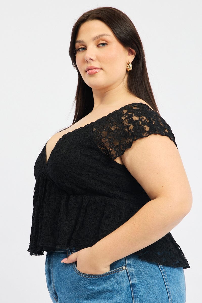 Black Lace Top Short Sleeve V-neck - Image 3