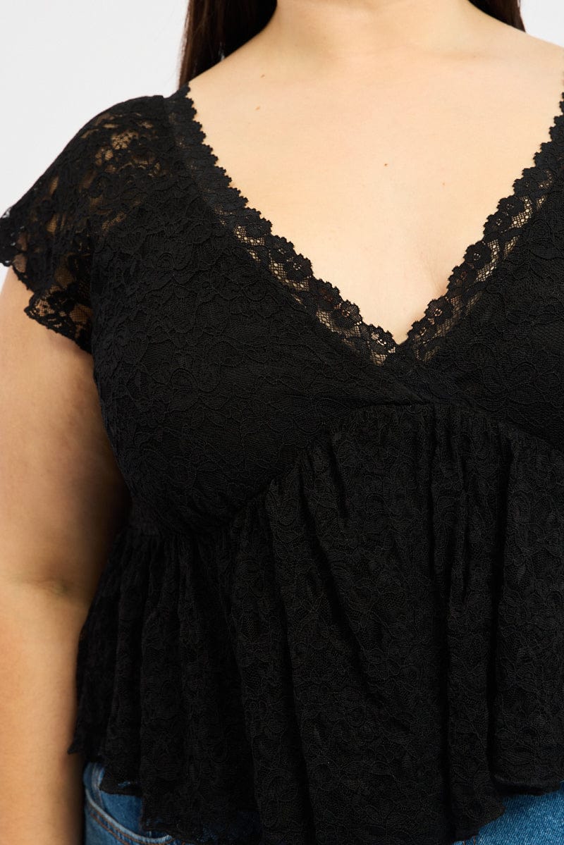 Black Lace Top Short Sleeve V-neck - Image 5