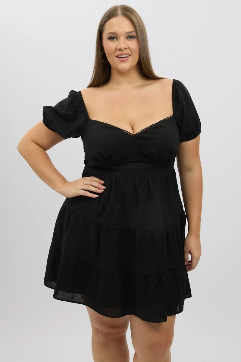 Black Lace Trim Milkmaid Corset Style Minidress