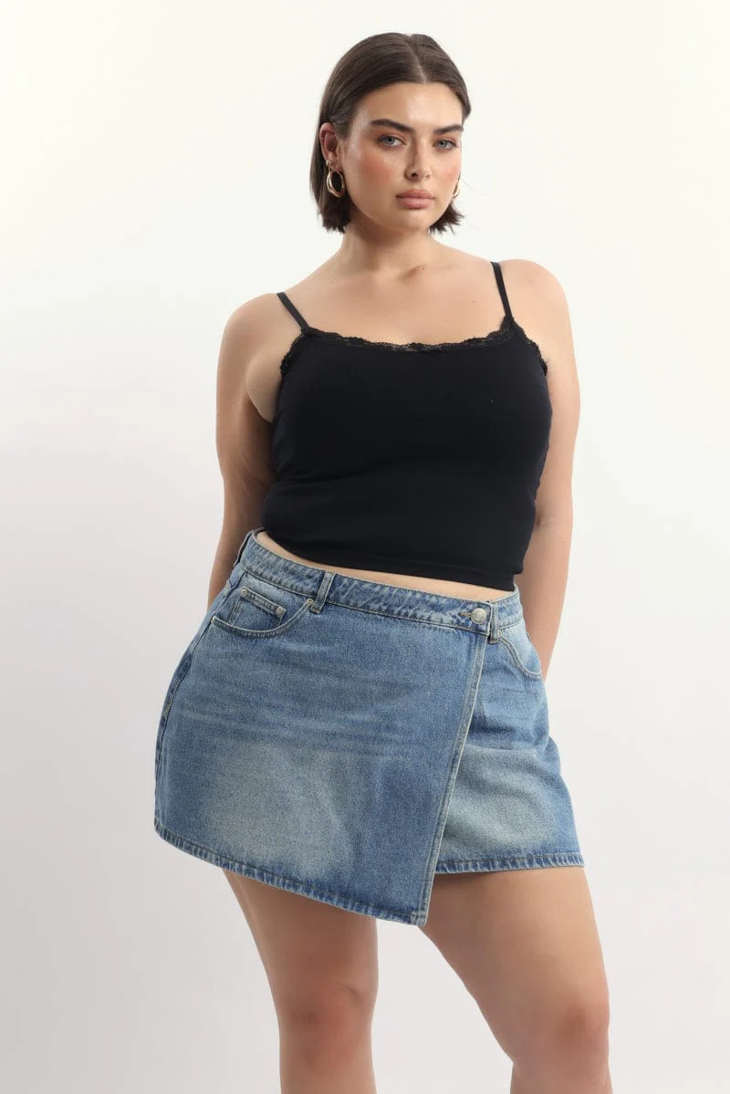 Black Lace Trim Singlet Top Seamless