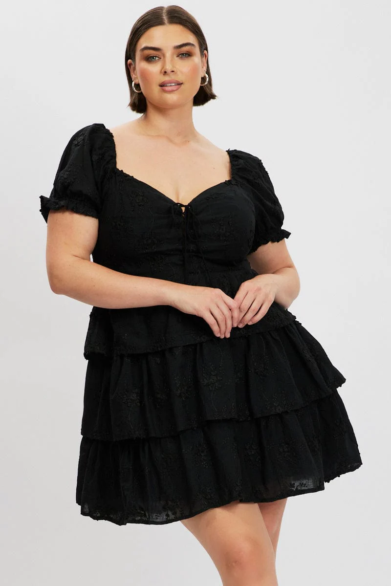 Black Lace Up Front Embossed Cotton Mini Dress - Image 3